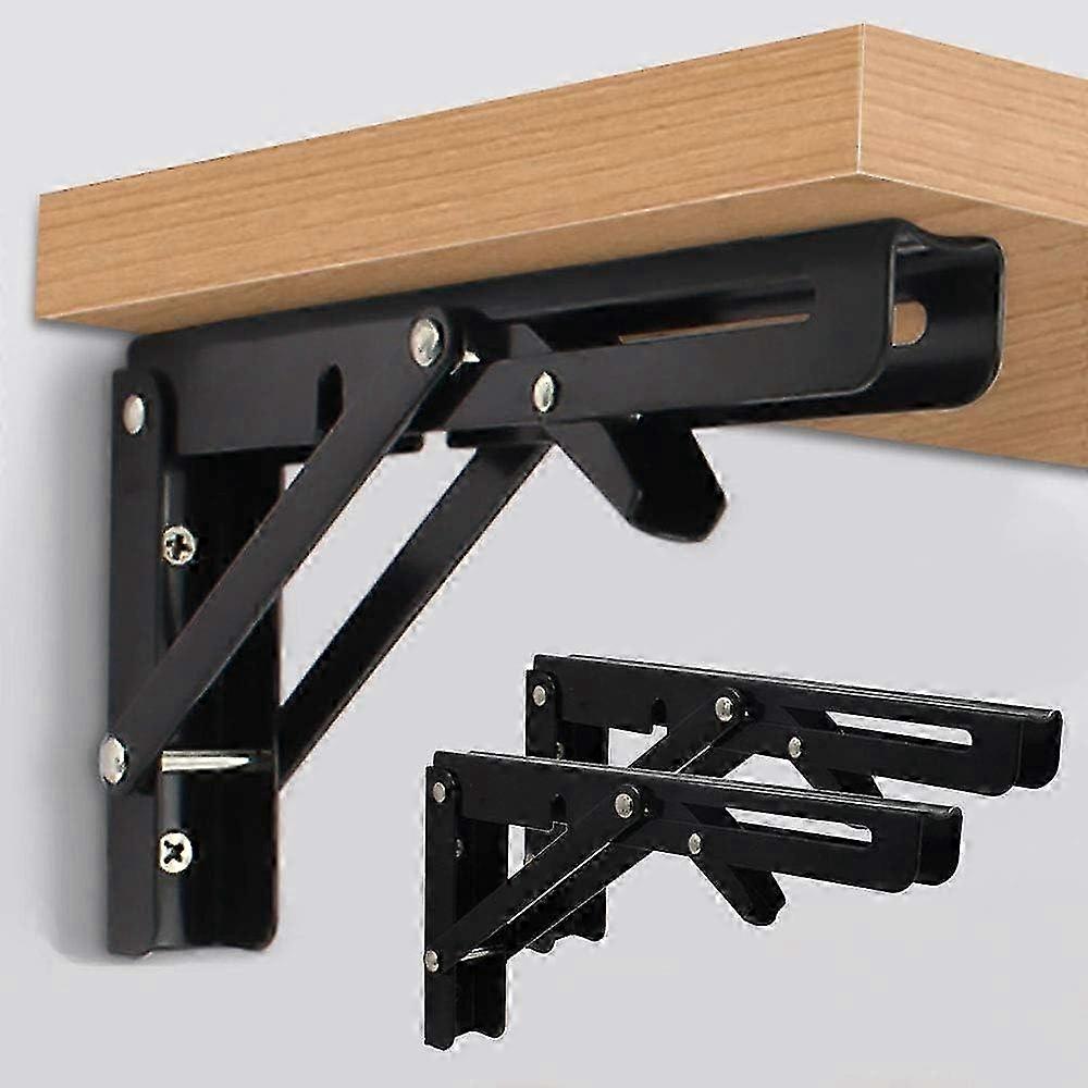 2 Pcs Folding Shelf Brackets 8 inch Black Heavy Duty Metal Triangle Table Bench Collapsible Shelf Bracket, Shelf Support Bracket Hinge Wall Mounted