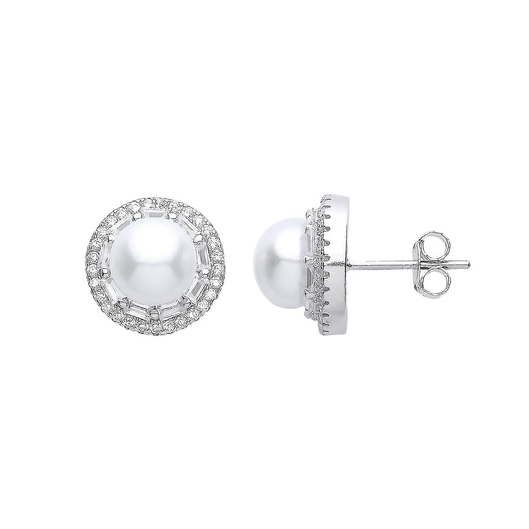 Jewelco London Ladies Sterling Silver Cubic Zirconia & Freshwater Cultured Pearl Full Moon Halo Stud Earrings 7mm