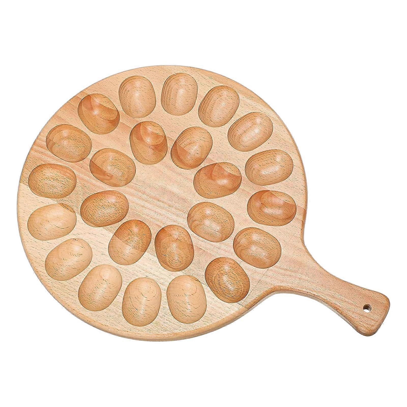 Wooden Deviled Egg Tray 24 Hole Platter with Carry Handle, Decorative Round Egg Holder