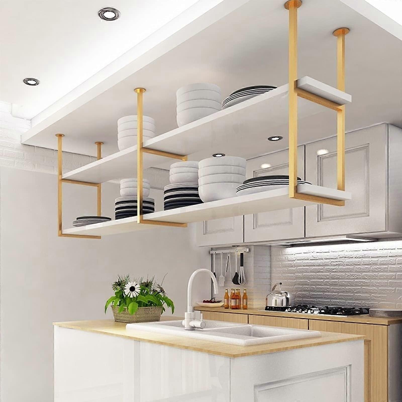 Gold Ceiling Hanging Shelf Wine Rack, 2Tier Solid Wood Overhead Kitchen Storage, Easy Install