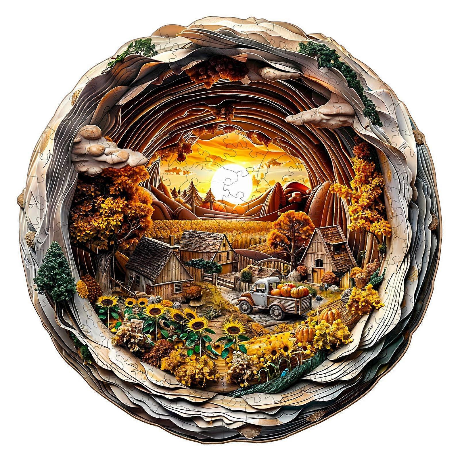 Wooden Jigsaw Puzzle XL for Adults, Unique Shape LaserCut Vibrant Autumn Farm Gift Box
