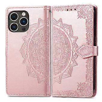 Wallet Case for iPhone 14 Pro Rose Gold Mandala PU Leather Flip Cover with Card Holder and Kickstand