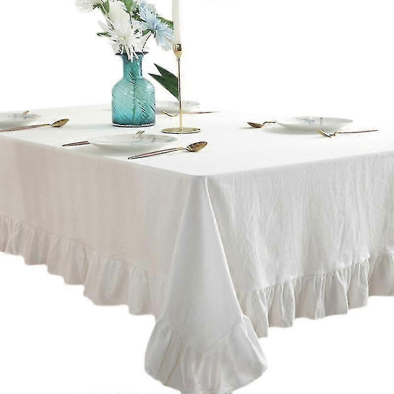 Rustic Cotton Linen Tablecloth with Ruffle Trim