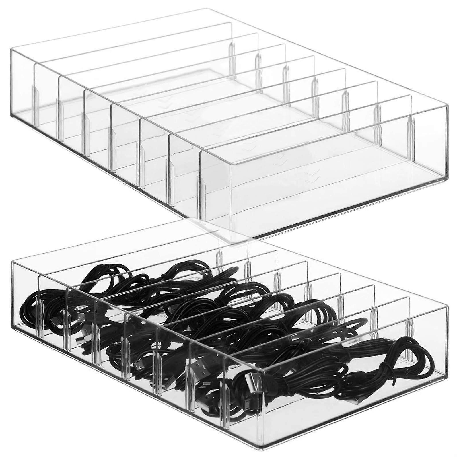 2 Pcs Clear Cable Organizer Box with Adjustable Dividers, Stackable Cord Storage for Desk