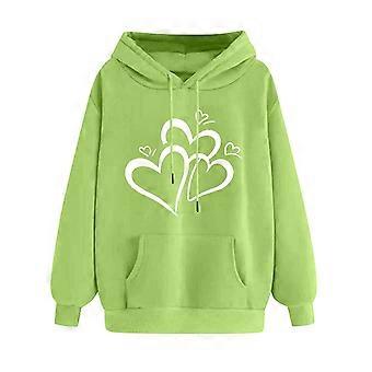 Damehættetrøje med fleece og hjerteprint, langærmet pullover med snøre, varm, løs pasform og afslappet hættetrøje – kompatibel med alle årstider