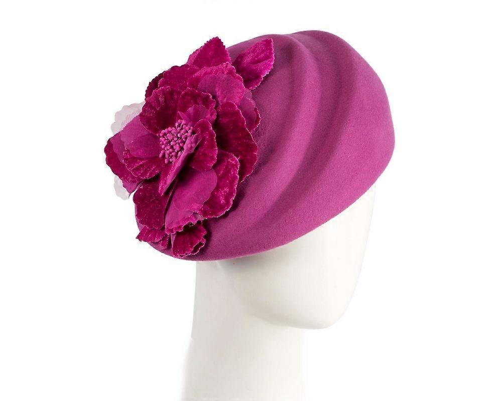 Fuchsia Wool Hat with Floral Accent - Winter Elegance F709F