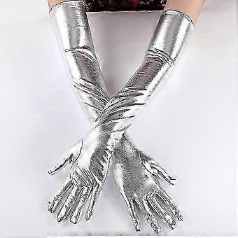 Silver Patent Leather Dance Gloves - Long Length, Coated Steel Tube Design for Performance Artistry  AK-26
