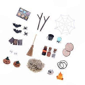 Halloween Display Set, 27PCS Plastic Necromancer Cottage Tiny Model House with Pumpkins & Stick, Multicolor Tiny Decorations