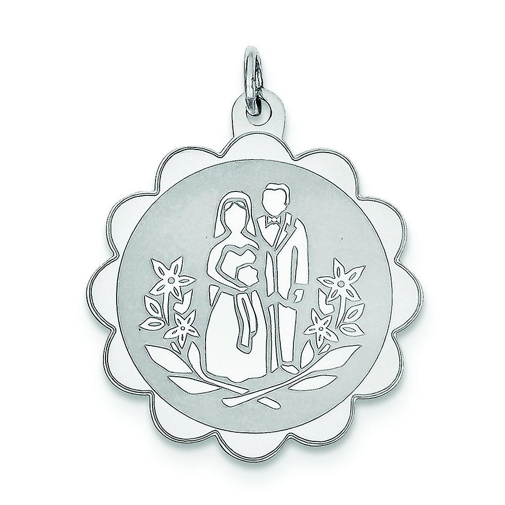 925スターリングシルバーソリッドレーザーエッチングポリッシュバック新郎新婦ディスクチャーム33x26mm幅女性用ペンダントネックレス