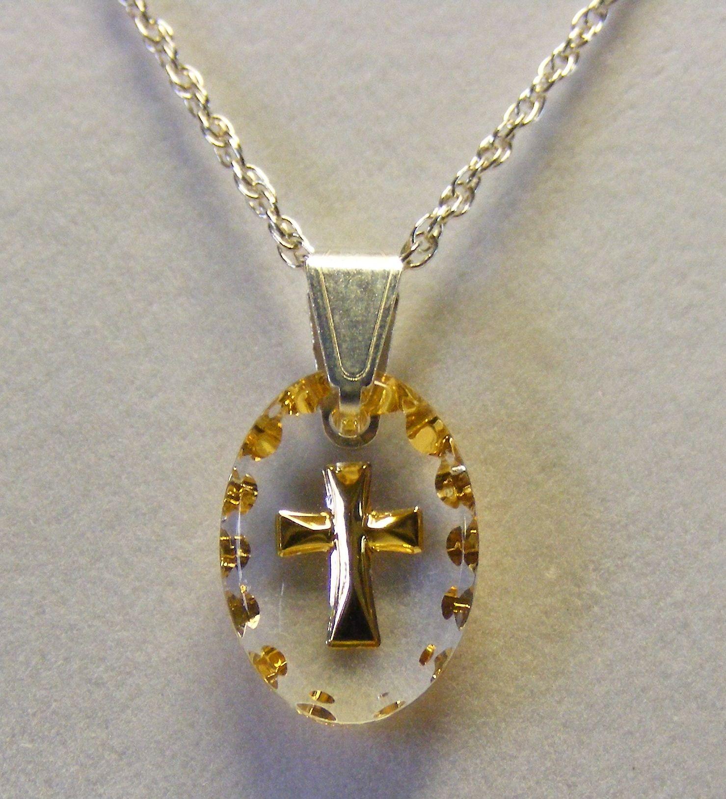 Hand painted mini oval Cross Crystal Pendant Necklace