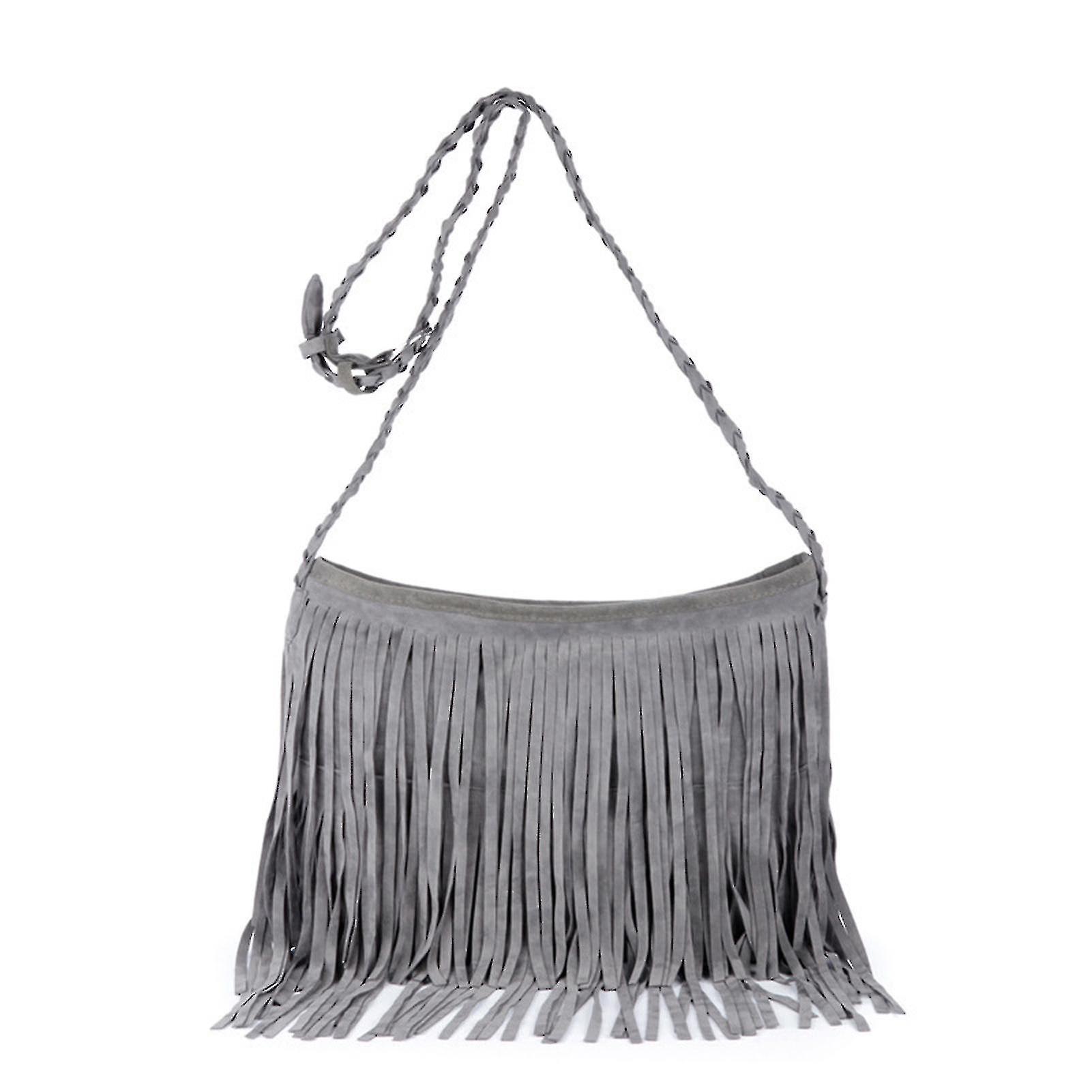 Women's Fringed Leather Shoulder Bag With Adjustable Knitting Strap Soft Ethnic Style Pu Messenger