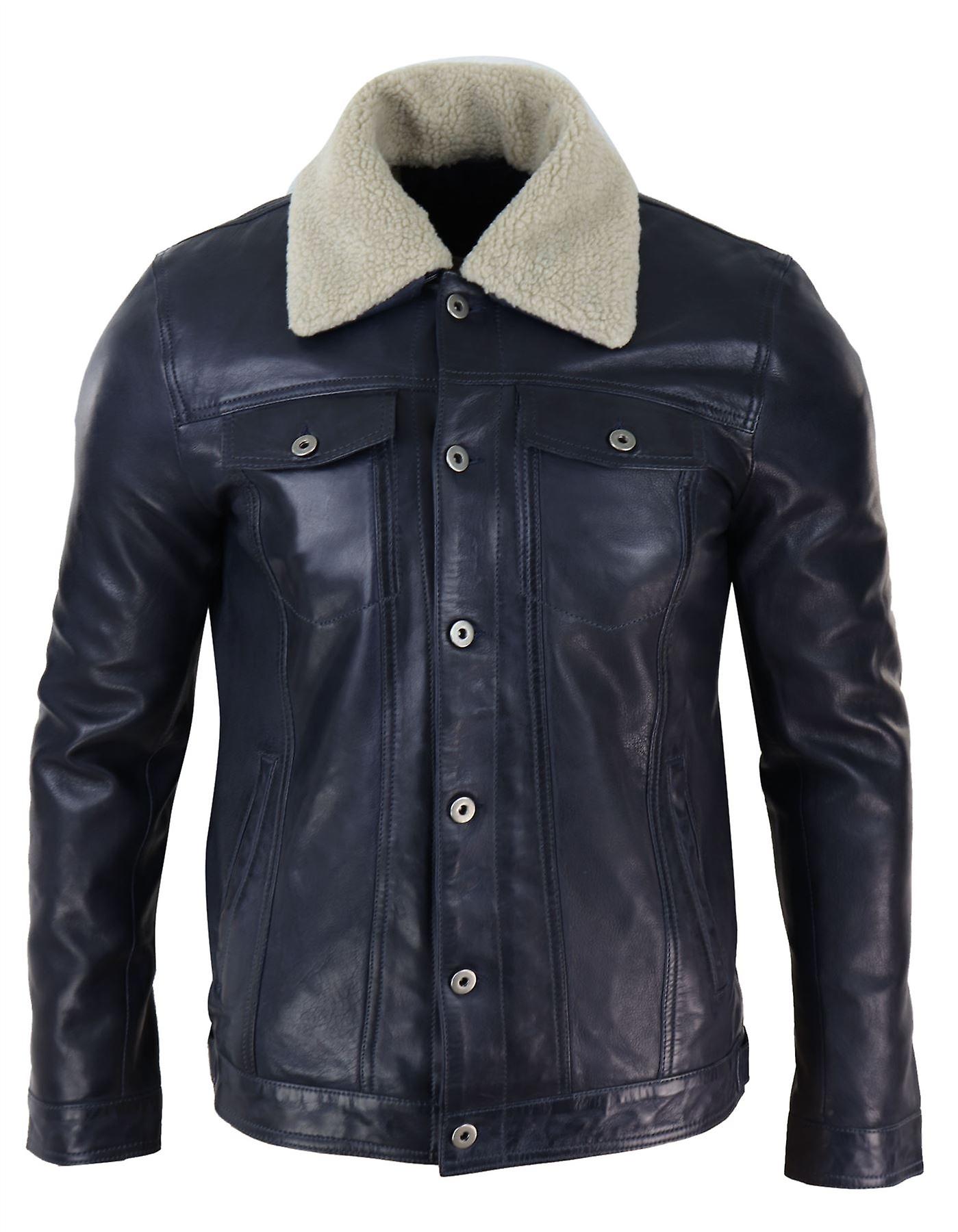 Men's Real Leather Jeans Jacket Fur Collar Retro Vintage Classic Casual