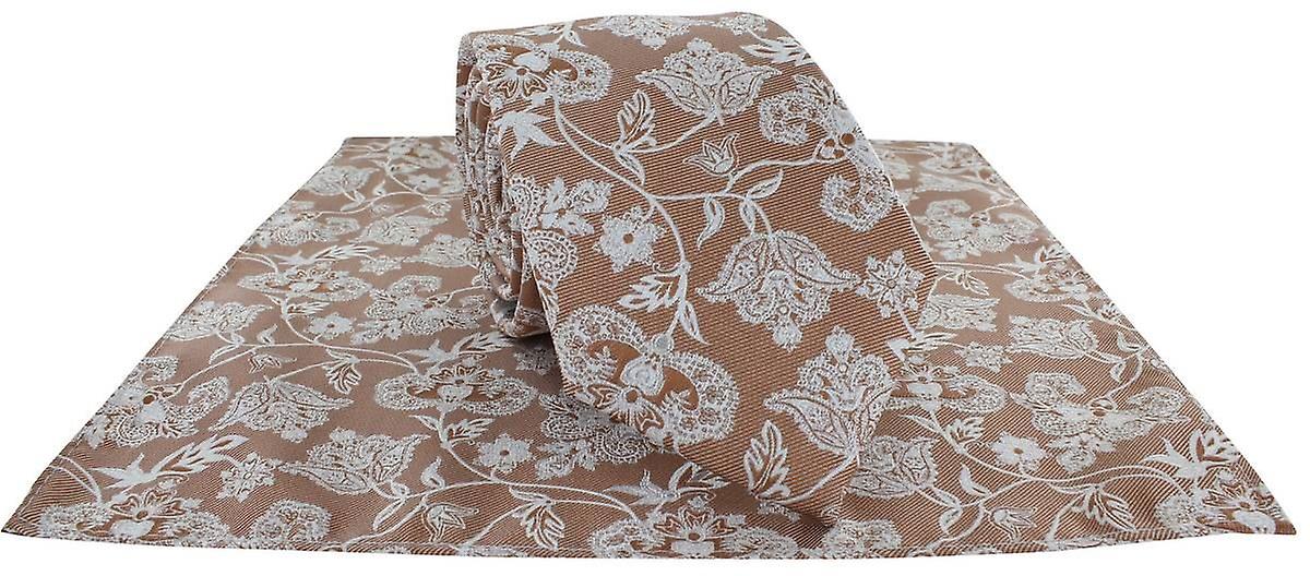 Michelsons of London Sprawling Floral Polyester Tie and Pocket Square Set - Brown