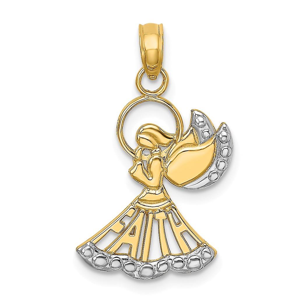 14k Two tone Gold Religious Guardian Angel With Faith and-Two color High Polish And Textured / Cut out Charm 21.9mm long