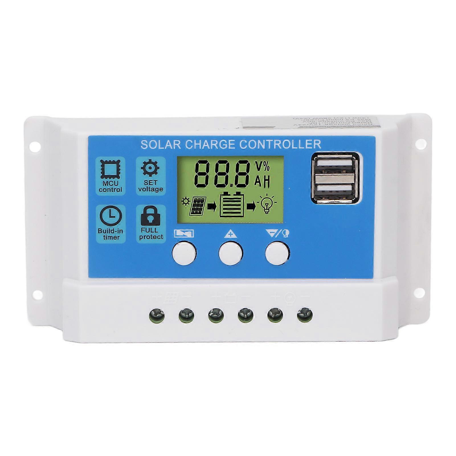 PWM Solar Charge Controller Panel Intelligent Regulator Justerbar LCD-skjerm 2 USB-port 12V 24V Hvit