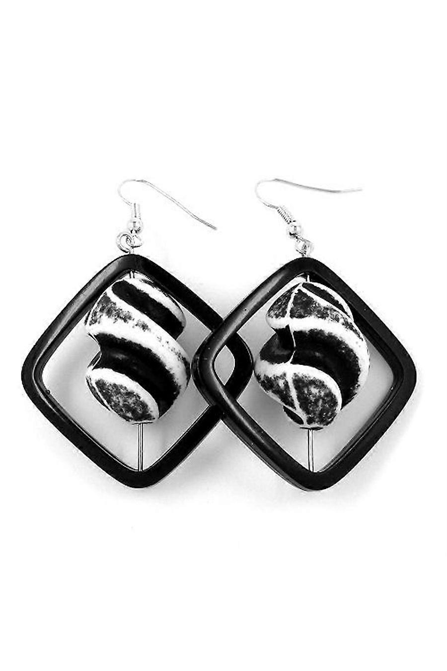 Hook Earrings Square Black With Twisted Bead Black White - Gl02393