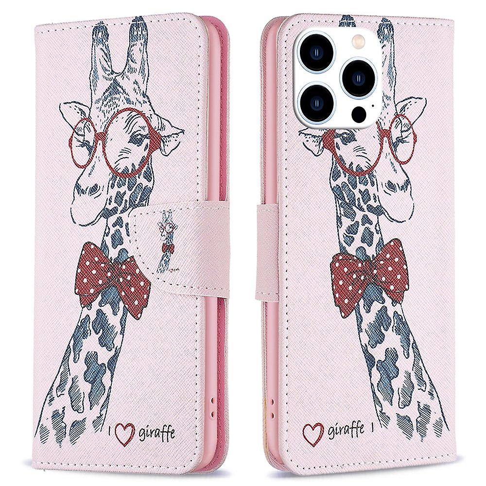 For iPhone 16 Pro Leather Case Pattern Printing Wallet Stand Phone Cover -  Giraffe