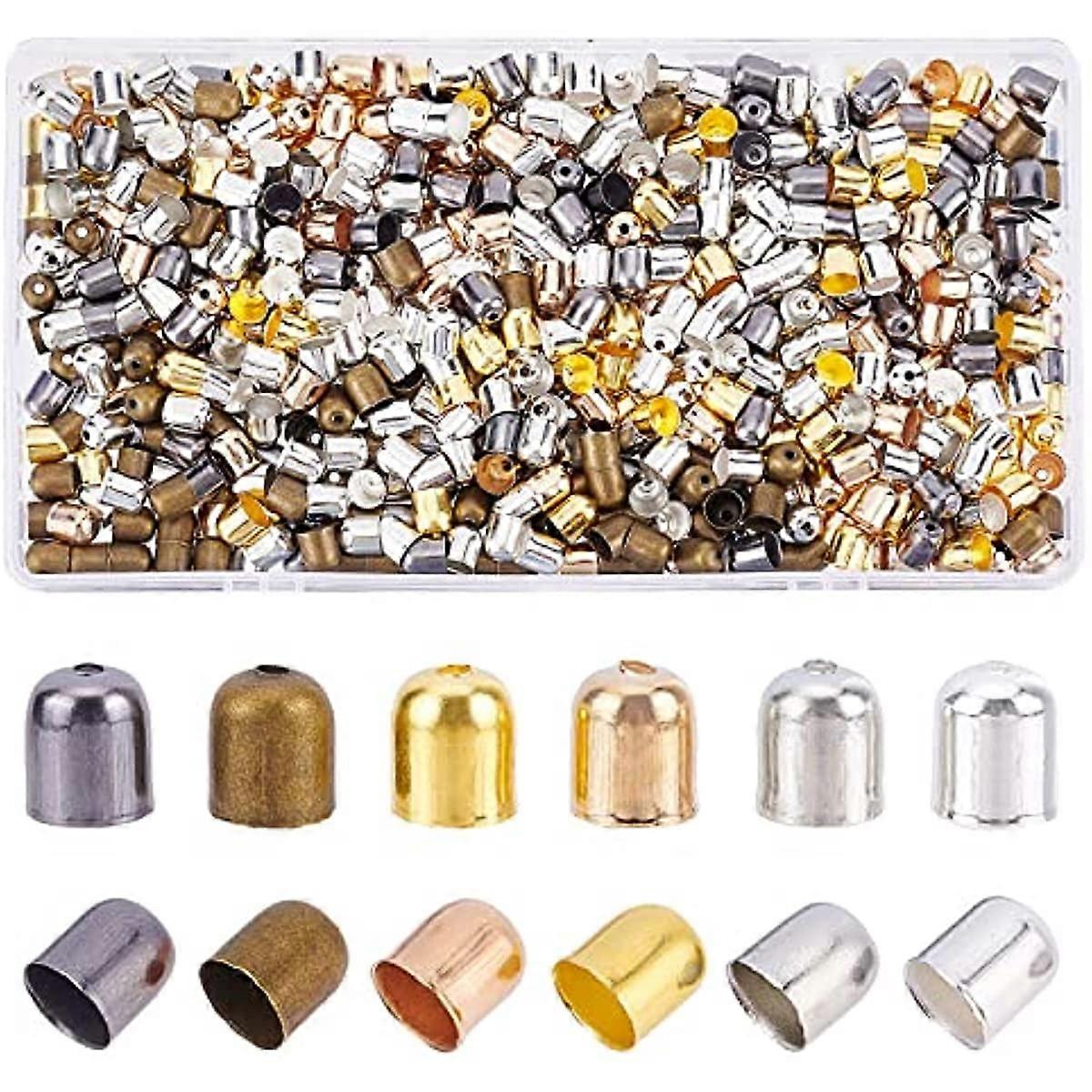 600Pcs 6 Colors Cord End Caps 6mm Column Leather Tassel Caps Iron Glue-in Barrel End Caps Clasps Cord Ends Connectors for Jewelry Making Endcap