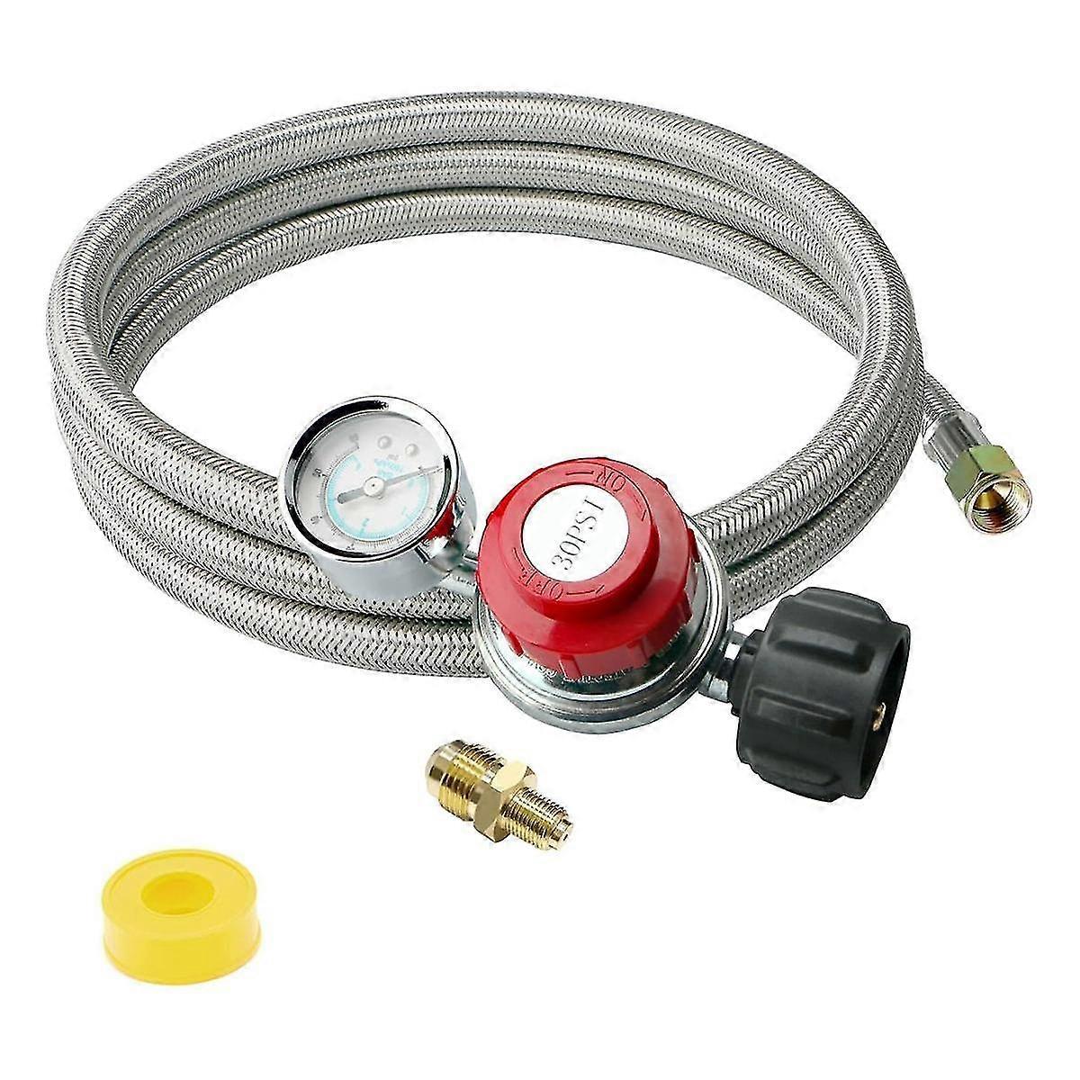 5FT 0-30 PSI Adjustable High Pressure Propane Regulator with Gauge Gas Flow Indicator with 3/8 Flare X 1/8 MNPT Fits