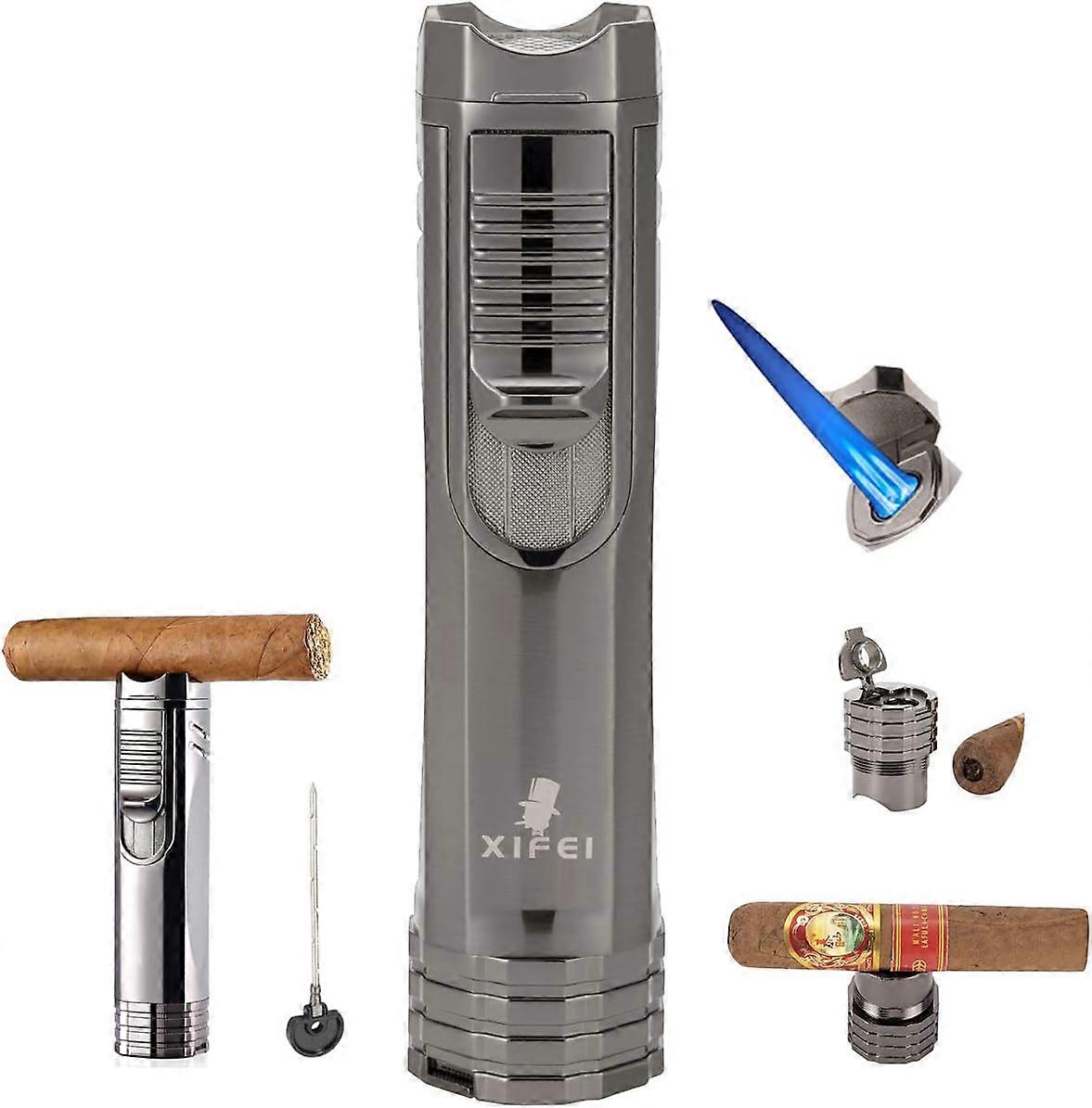 Cigar Lighter 3-Angled Jet Flames, Cigar Puncher, Cigar Draw Enhancer, Cigar Stand, 4-in-1Refillable Butane Torch Lighter (Gun Ash)