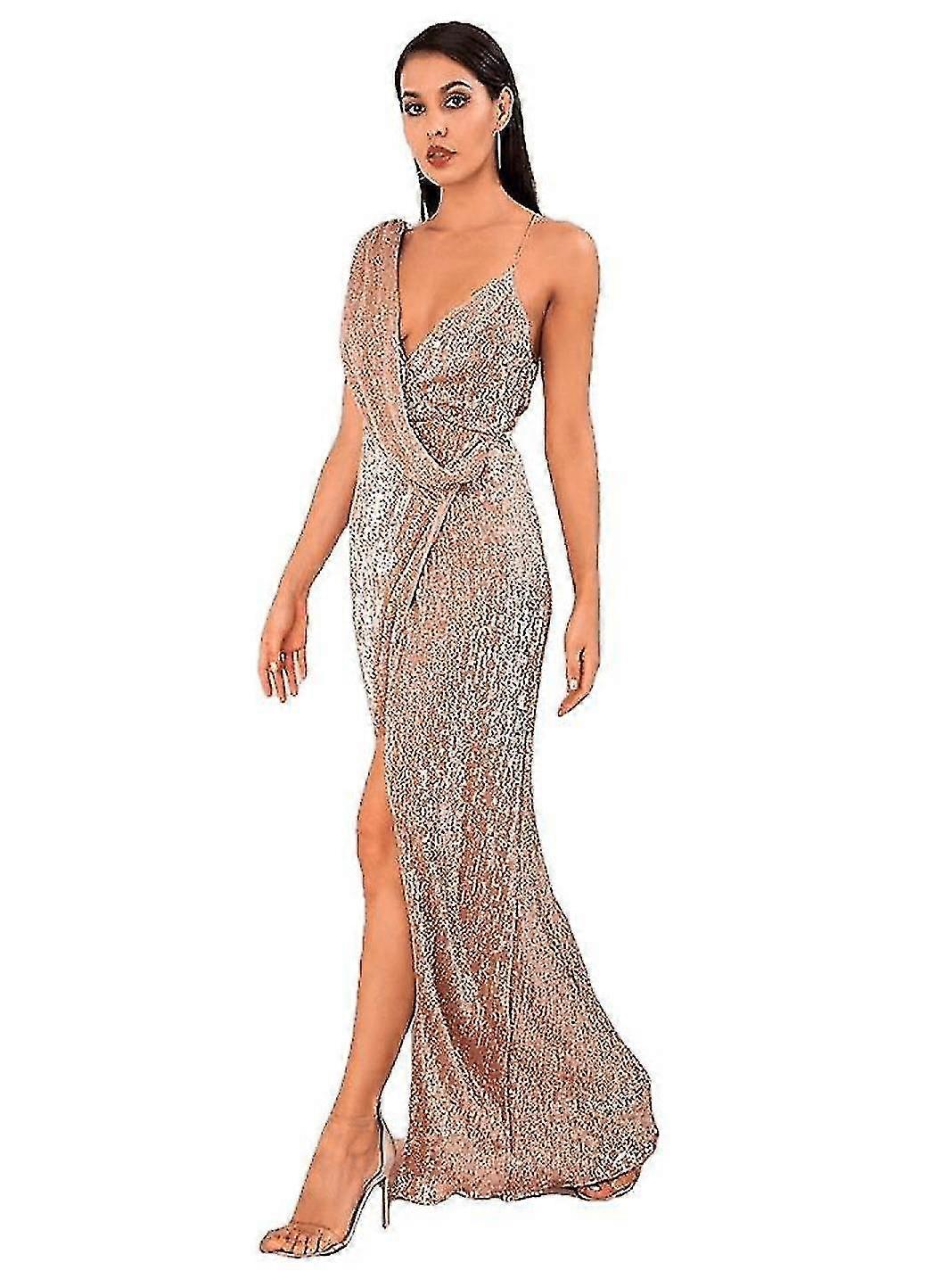 Sexy Rose Gold Deep V-neck Whit Split Sequins Party Maxi Robe