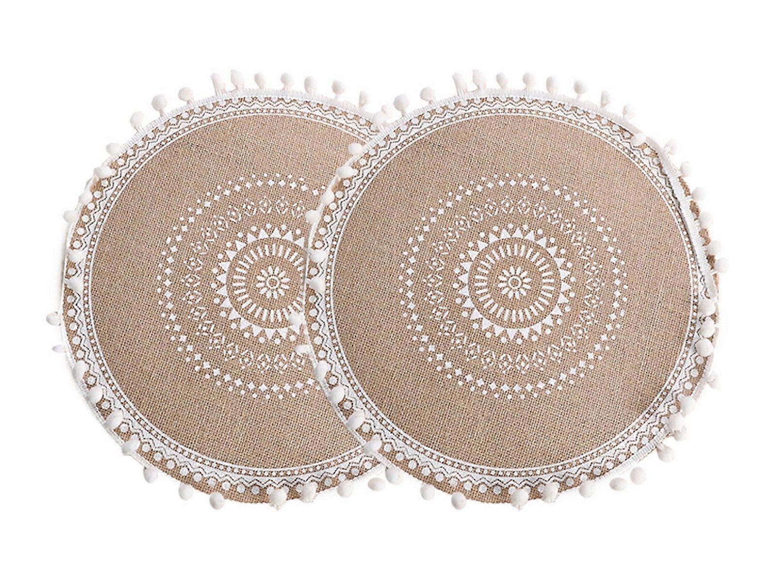 2Pcs 38cm Jute Woven Placemat Tableware Mat Dining Room Table Decor-White Balls