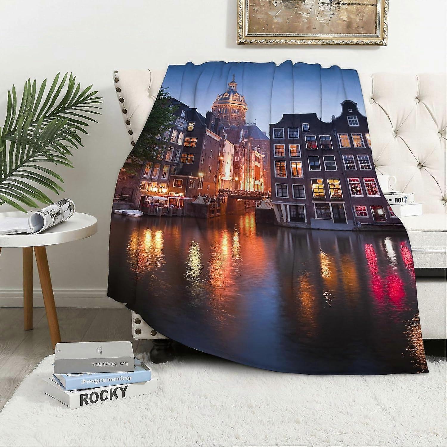 Blanket sofa Wanderlust Night Time Photography of The Neo-Renaissance Building Amsterdam flannel Blankets,Throws for Sofa Fluffy Blanket Bed Throw f B