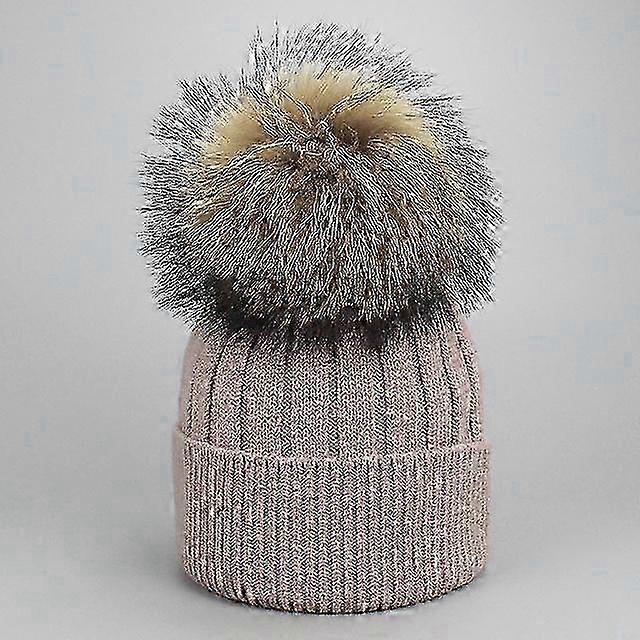 ילדה נשים חורף צמר כובע Beanie דביבון אמיתי פרווה פום פום הורה-ילד סרוג כובע ליבה חוט חם מזדמנים beanies עצמות