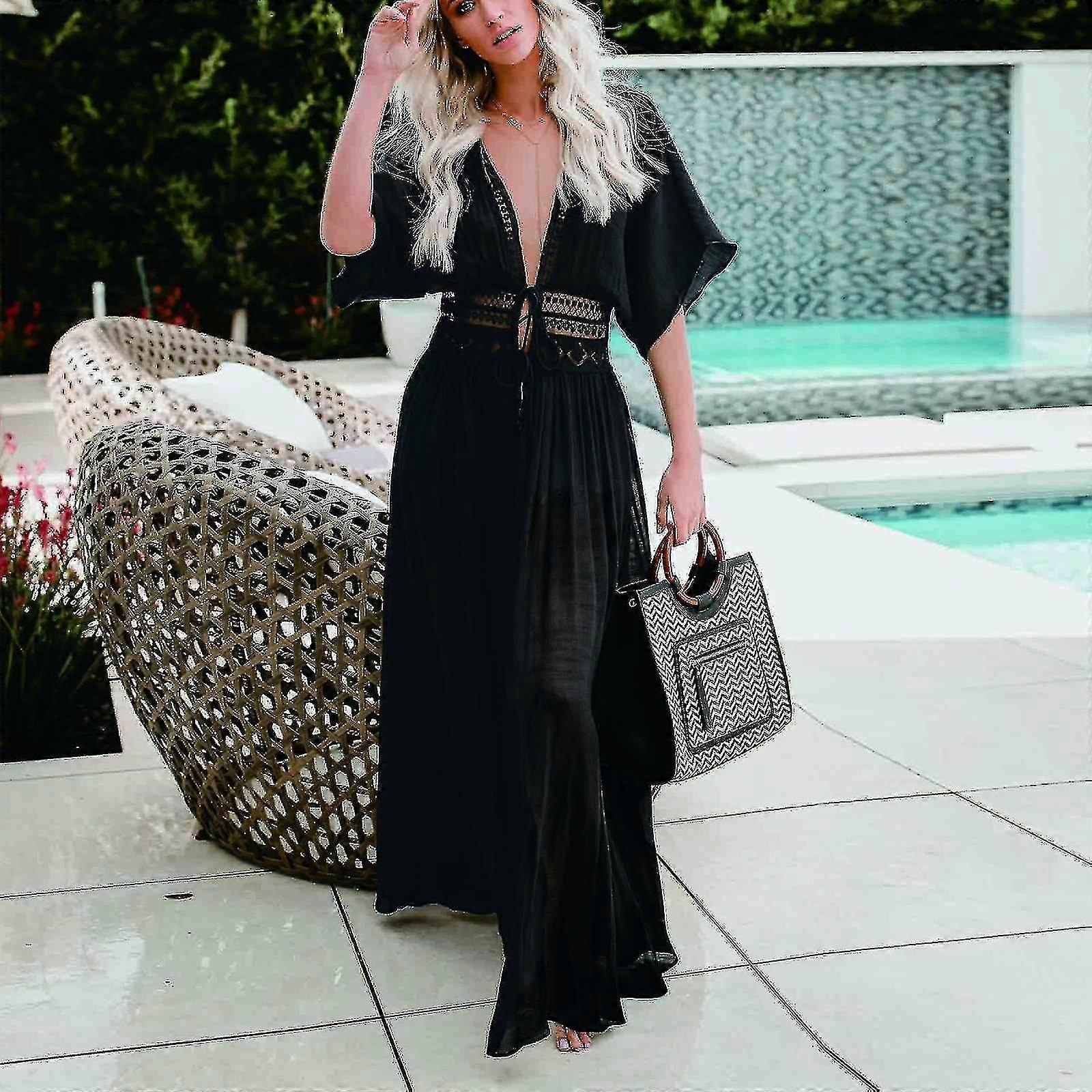 Femmes Solide Plage Caftan Long Cover Up Robe Profond Col en V Évider Perspective Bandage Robe A