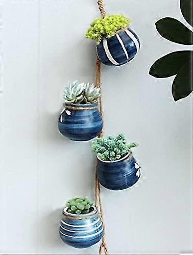 4-Pot Bright Pastel Ceramic Hanging Flower Planter Set (Blue)