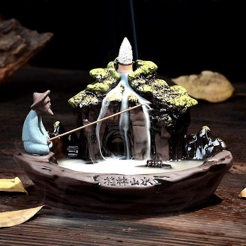 Ceramic Backflow Incense Burner With 10 Scenery Style Incense Cones