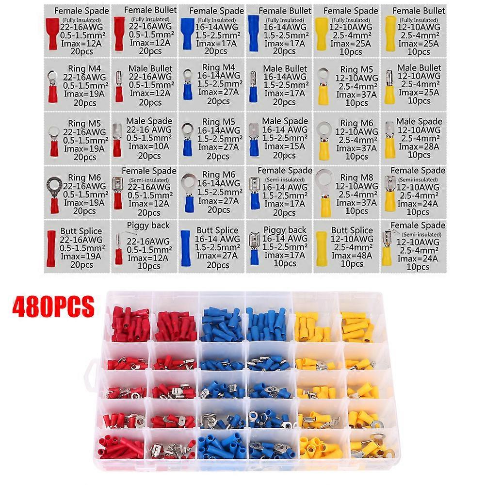 Insulated Cable Connector Rolled Terminals Spade Butt Ring Lugs Fork Set Electrical Wire Crimp Assorted Kit 280/480PCS