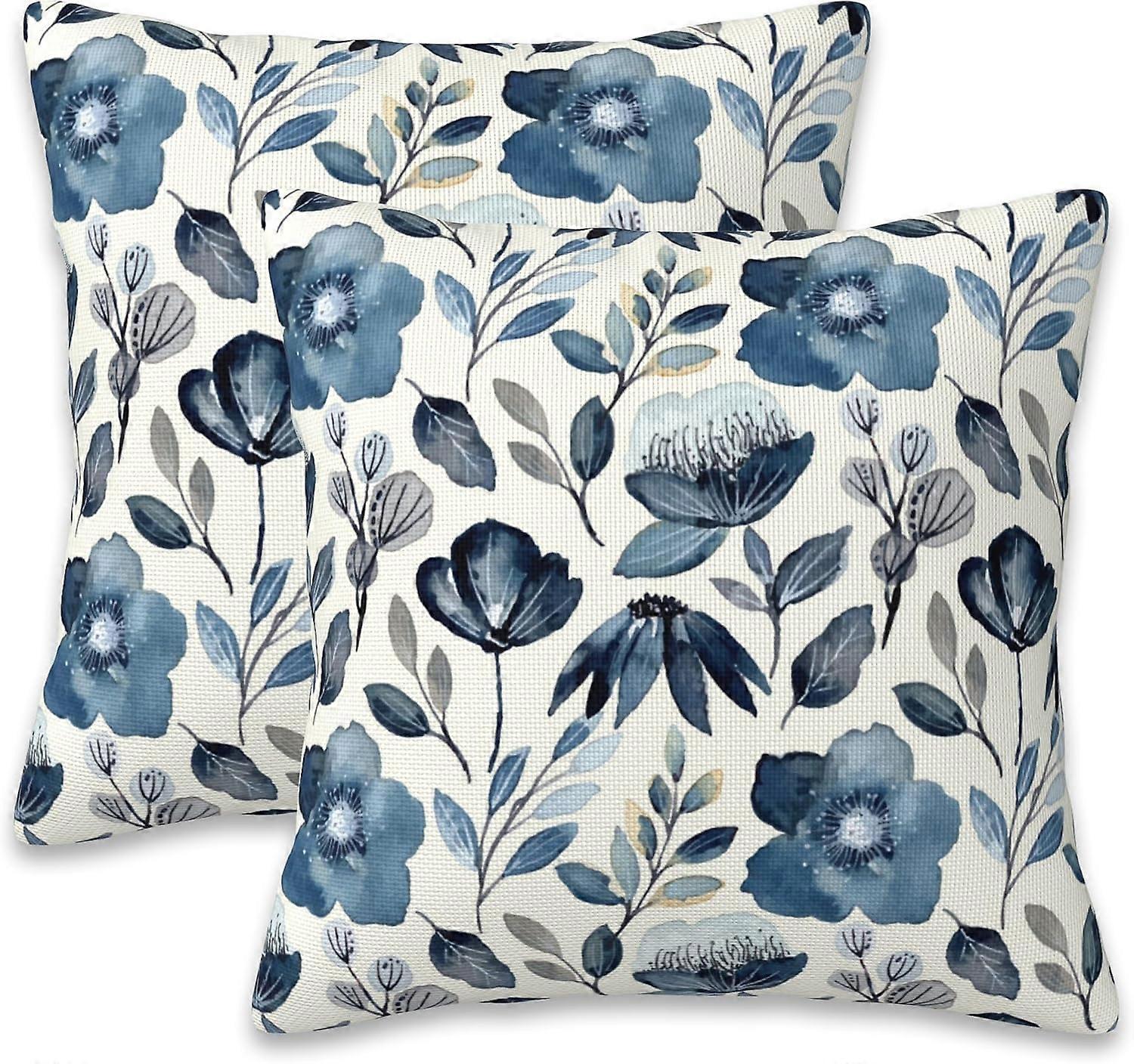 Pyntepudebetræk Blå Blomsterpudebetræk 16x16 tommer Sæt med 2 puder Dekorative pudebetræk Pudebetræk til soveværelse Stue Sofa Langt