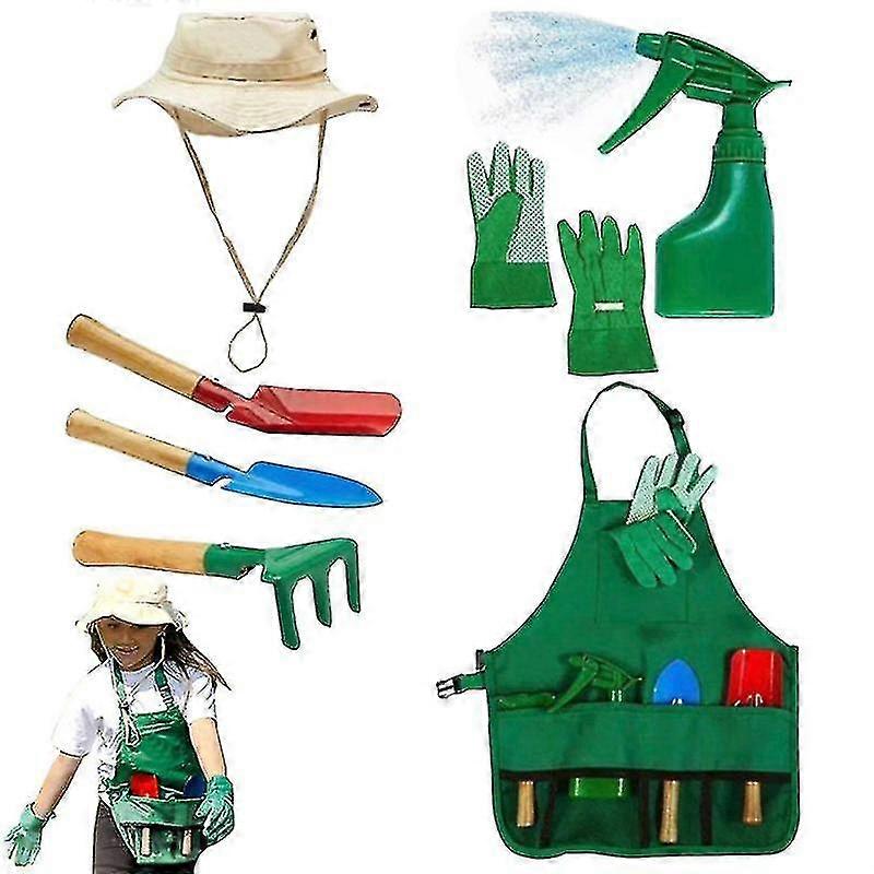 8個/セットミニショベルレーキガーデンツールポータブル小型ガーデニングキッズふりをする手袋エプロン付きおもちゃアクセサリー Hat_ai