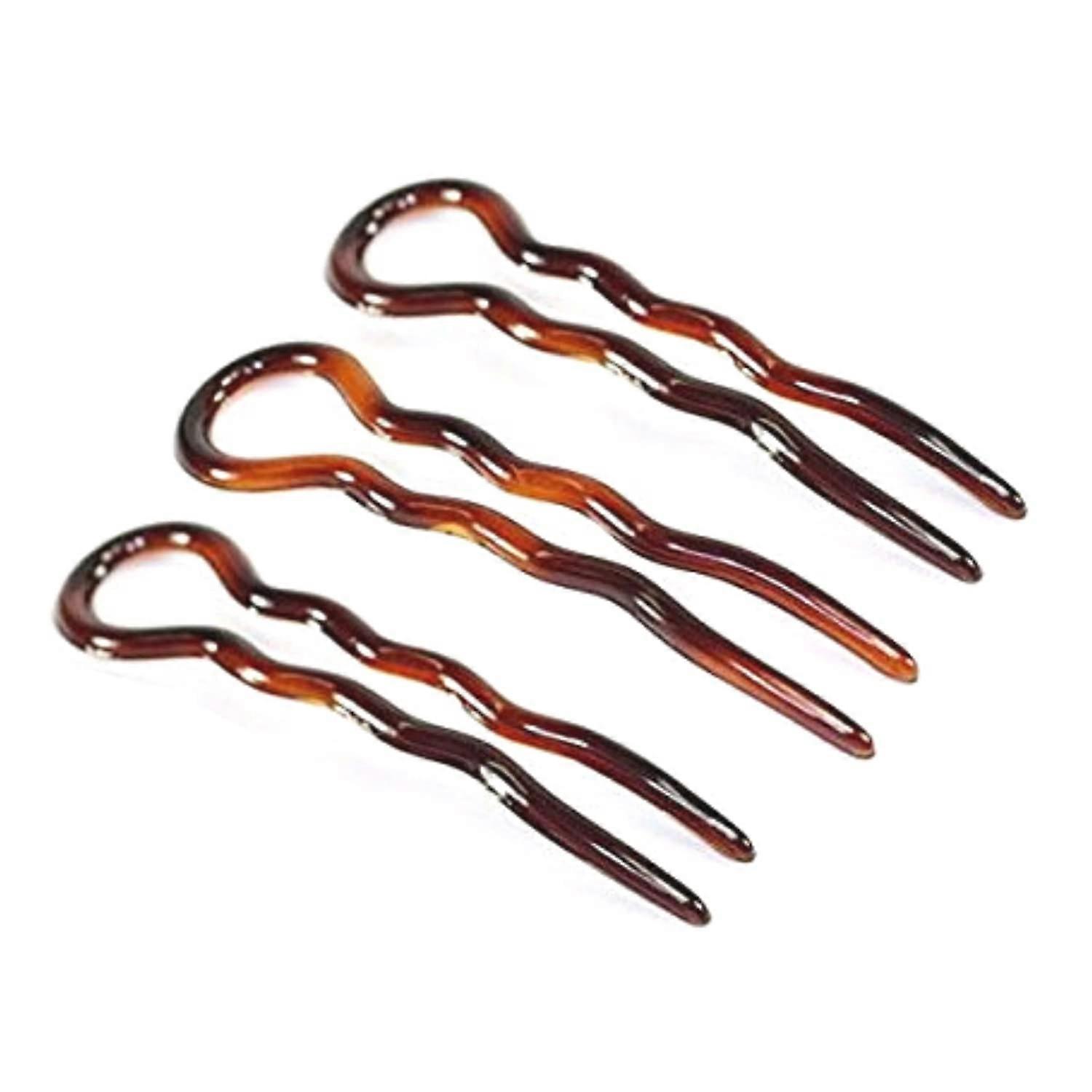 KATEA French Sleek Brown Tortoise Shell Large 3 1/2" Celluloid Made in France Set of 3 Wavy Crink U Shaped Chignon Hair Pins Updo Bun Pin Sticks for W