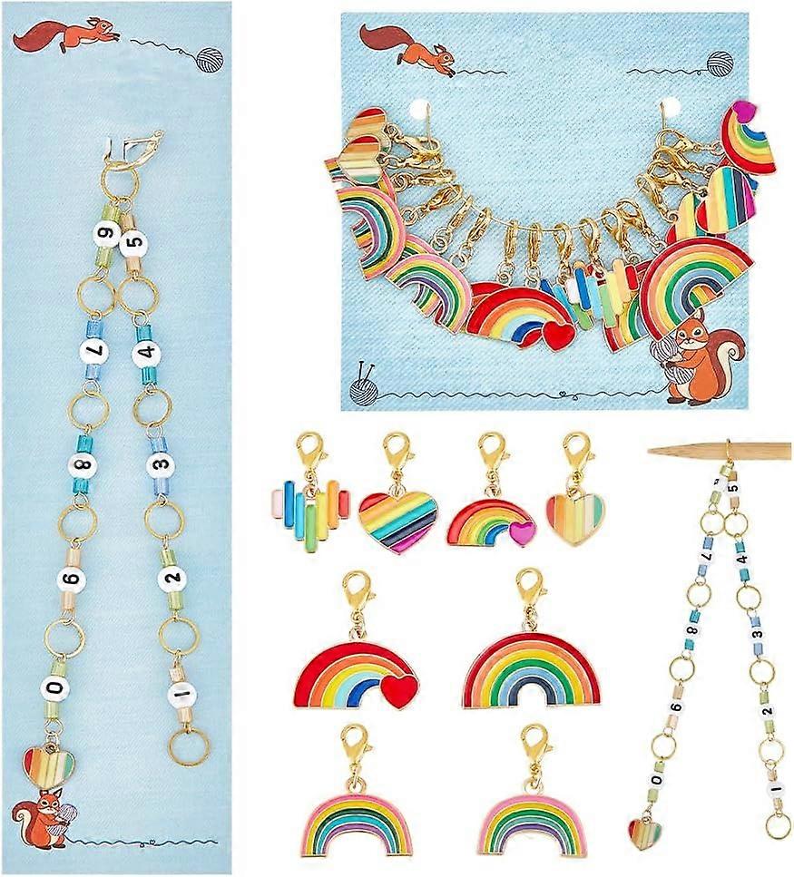 Knitting Row Counter Chains & Locking Stitch Markers Kits with Rainbow & Heart Alloy Enamel Pendant and Acrylic Beads Mixed Color 2.5~31.4cm 17pcs/set