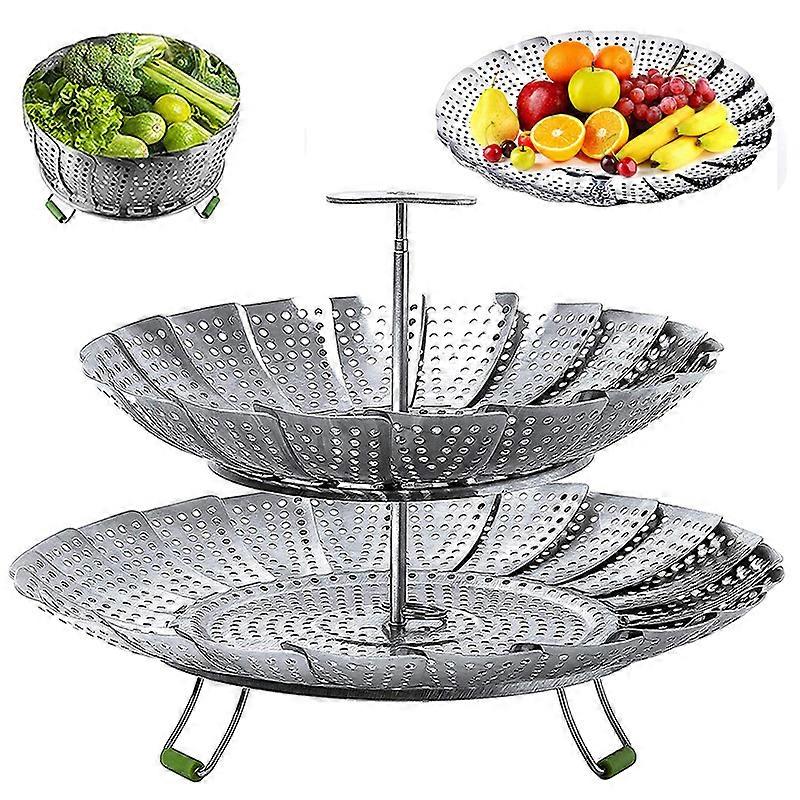Dual Steamer Insert - Steamer Basket with Retractable Stainless Steel Handle Variab Multi-Functional Folding Stainless Steel Steamer