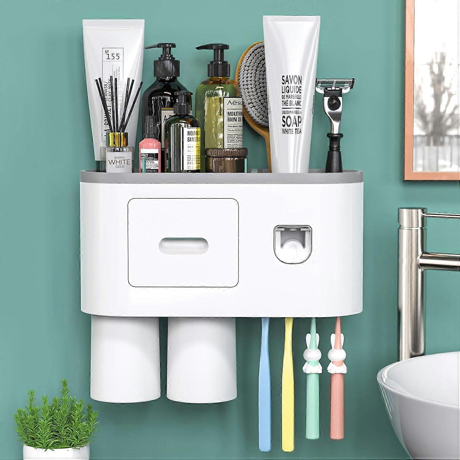 Toothbrush holder wall mount, automatic toothpaste dispenser squeezer kit-bathroom