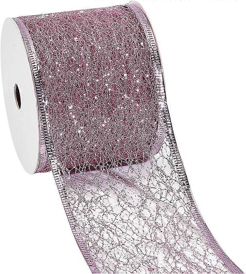 10 Yards 2.5" Glitter Mesh Wired Ribbon Pink Sparkling Metallic Mesh Ribbon Sequins Wired Edge Tulle Roll Spool Net for Gift Wrapping Bows Wedding Chr