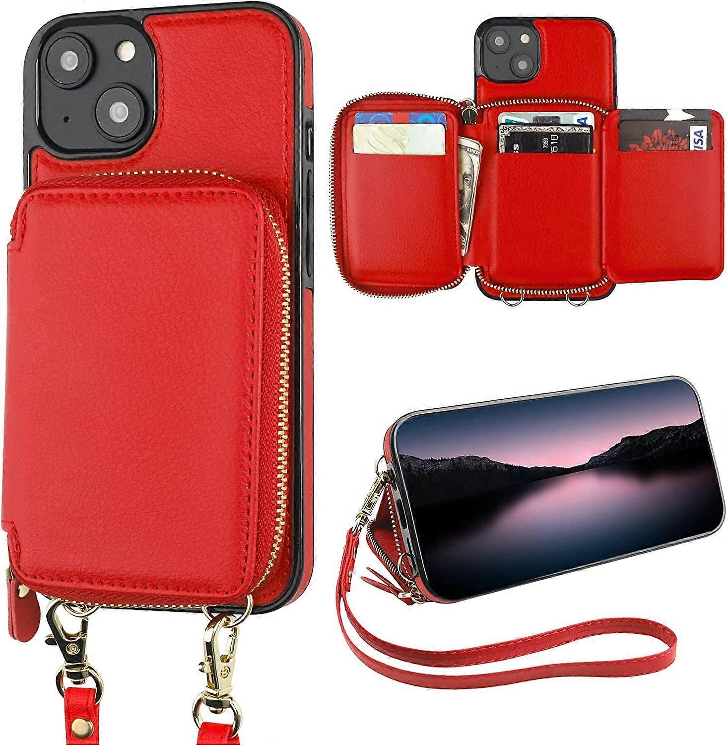 RFID Blocking Wallet Case for iPhone 14 Plus, Adjustable Crossbody Zipper Purse Case Card Holder with Kickstand Detachable Wrist Strap, PU Leather Fli