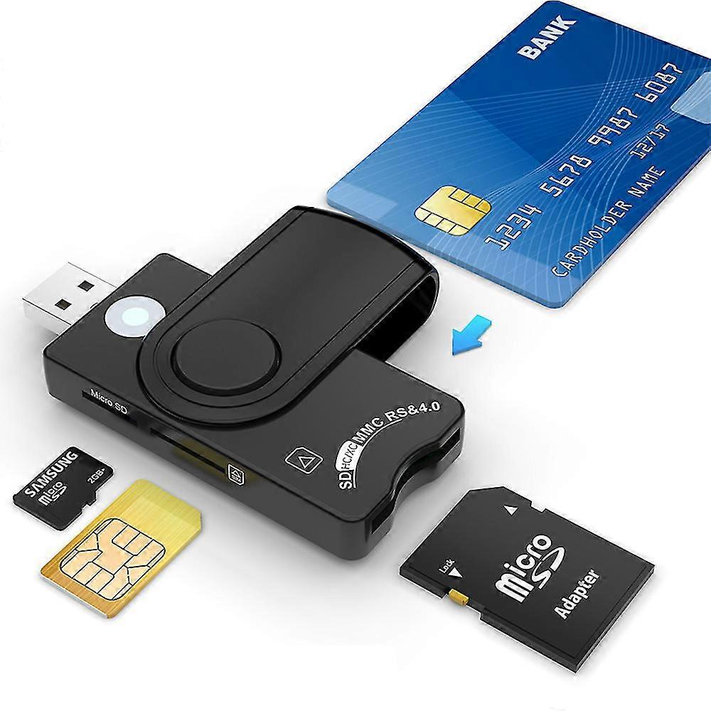 Smart Card Reader USB 4 Ports USB Hub, IC Smart Card Reader SD TF SIM Card Multi-function Card Reader