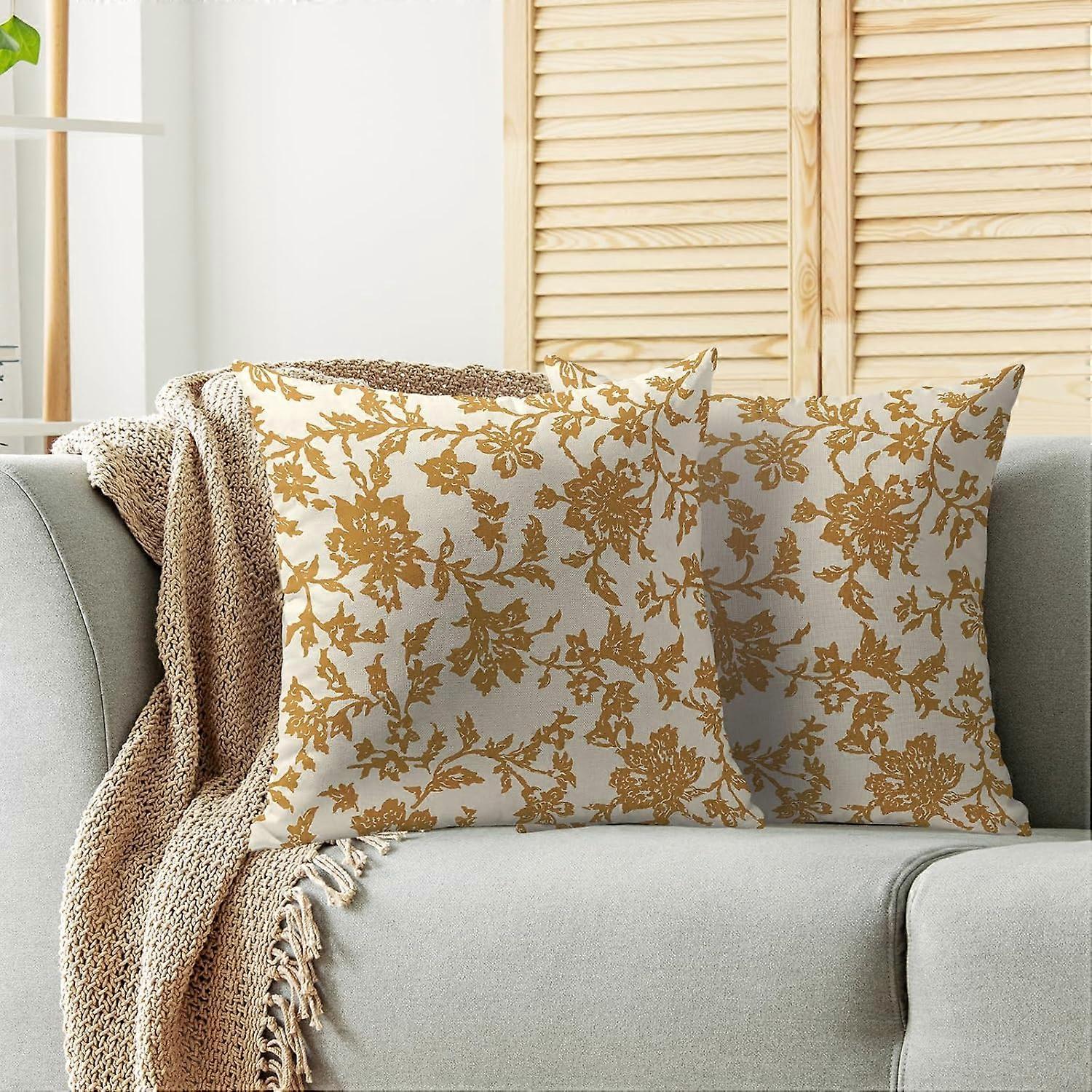 Mustard Yellow Floral Block Print Pillow Covers 20x20 Set of 2 Rustic Old Style Modern Vintage Flower Pattern Cream Decorative Throw Pillow Cases Outd