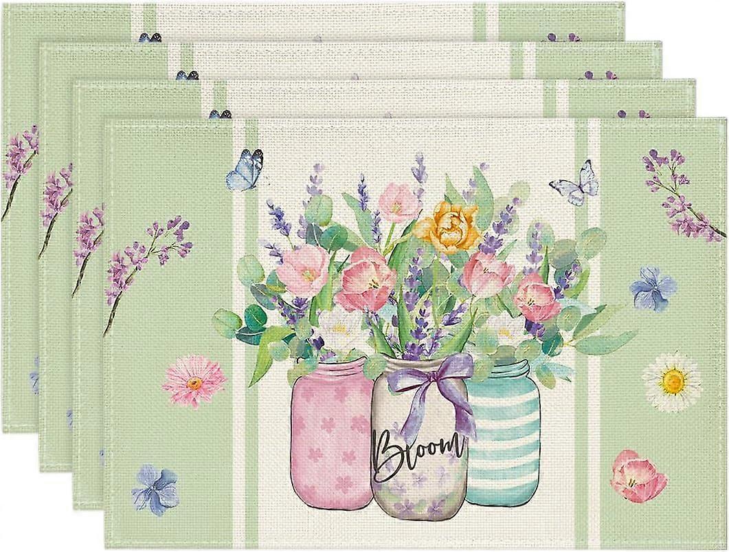 Floral Design Placemats Set of 4 for Spring Kitchen Dining Table - Durable Fabric, Soft Colors, Easy to Clean