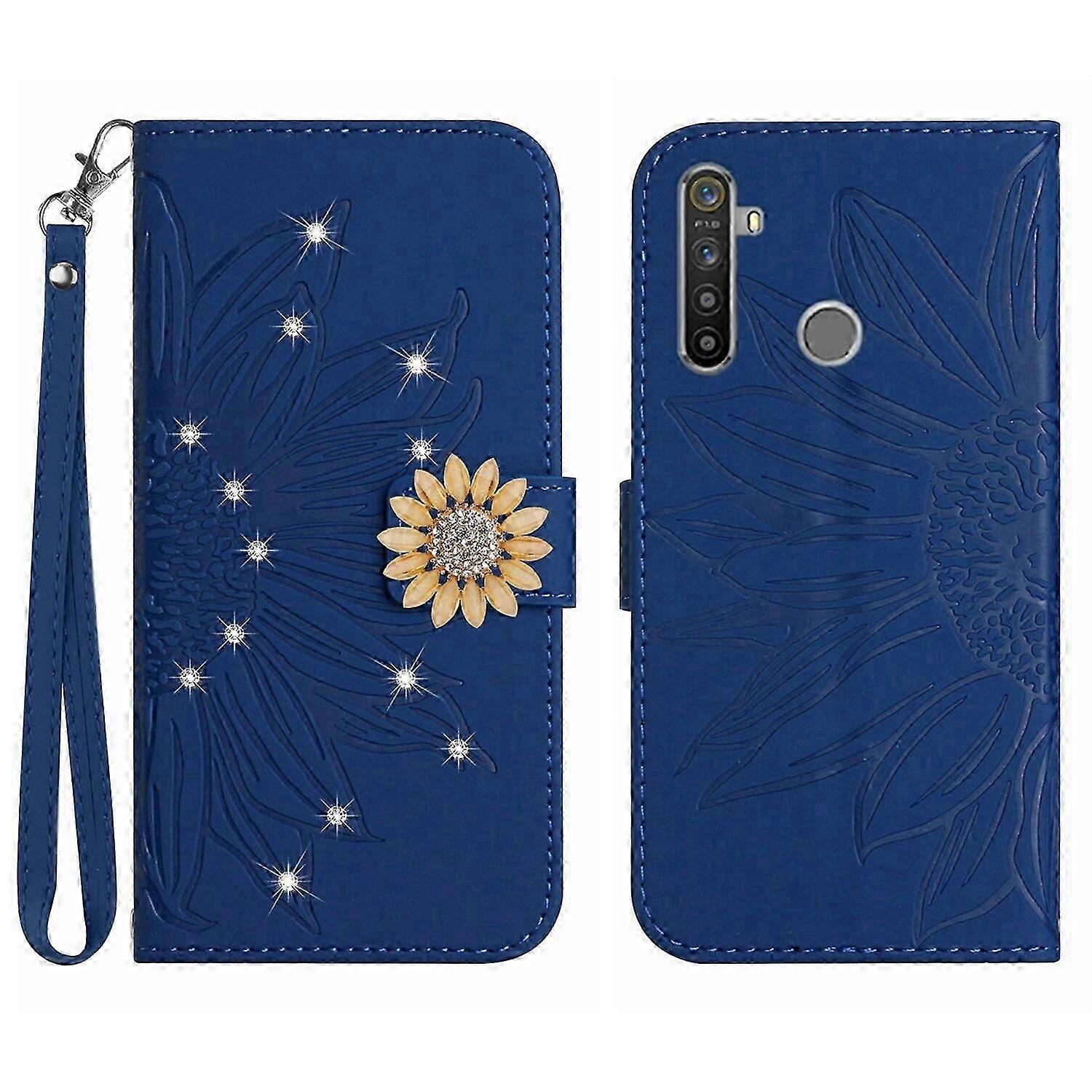 Compatible With Realme 5 Embossed Sunflower with Diamonds Magnetic Card Holder Wallet Phone Case with Short Strap