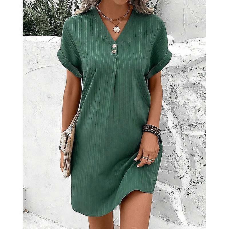 Women Elegant Short Sheath Dress Summer V-neck Short Sleeve Beach Dresses  Plain Party Lightweight