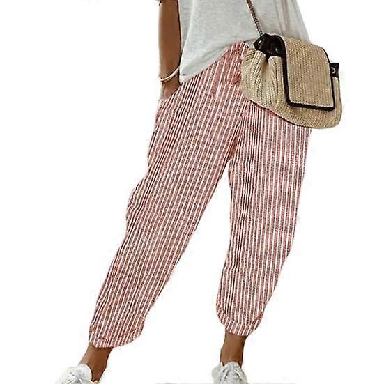 Women Casual Pants Elastic Waist Drawstring Harem Pants with Pockets Vertical Striped Print Beach Office Shopping Daily Long Trousers