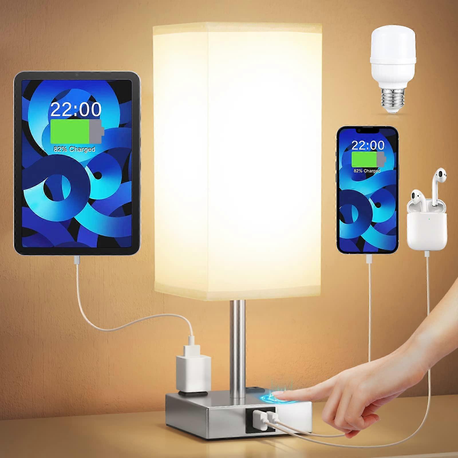 Bedside Table Lamp Touch Control With USB-C USB-A Ports And Dual AC Outlets 3-Way Dimmable For Bedroom