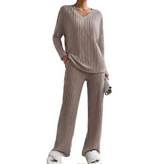 2 Pcs/Set Sweater Pants Suit Thread V Neck Solid Color Knitted Loose Pockets Elastic Waist Casual Soft Wide Leg Homewear Fall Winter Pajamas Set