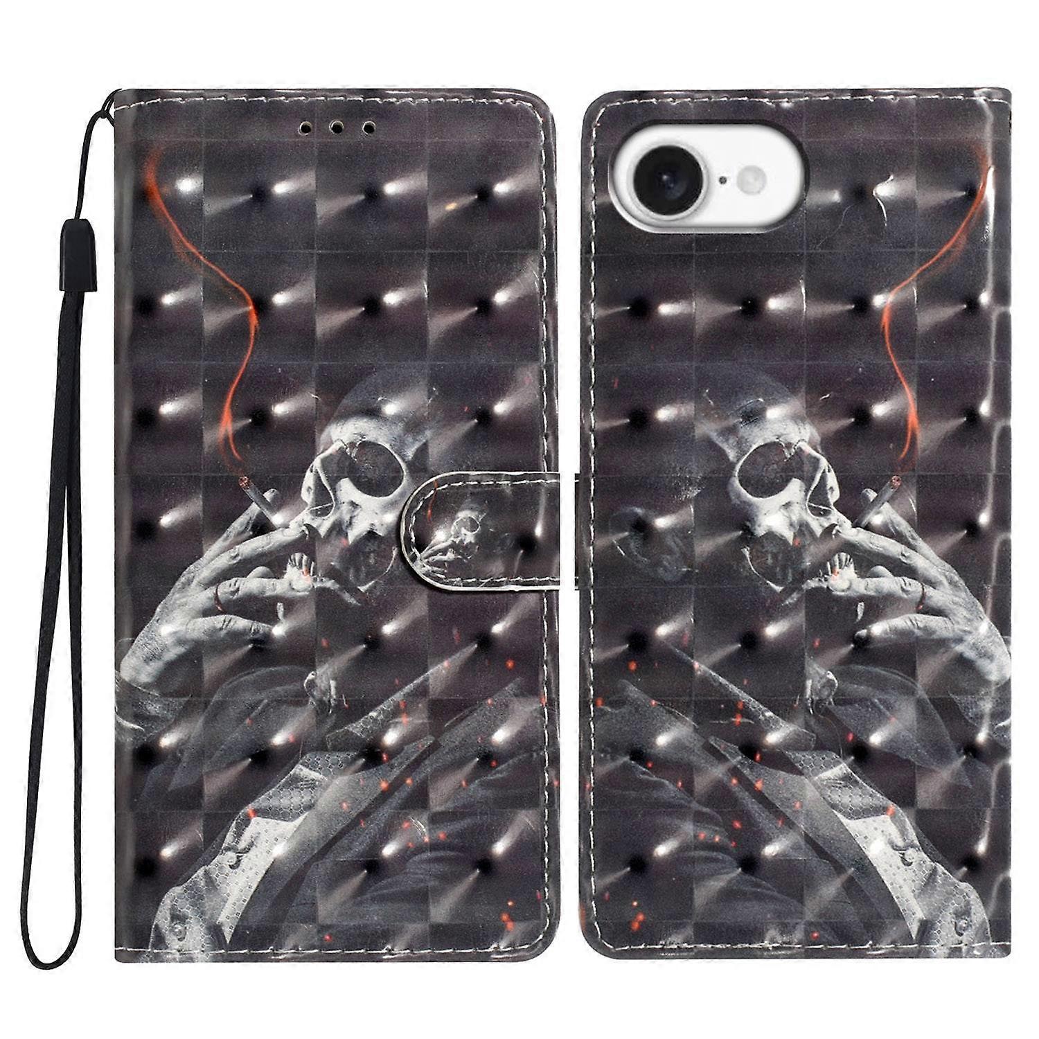 For iPhone 16e Case PU Leather Wallet Phone Cover 3D Pattern Printing - Smoking Skeleton