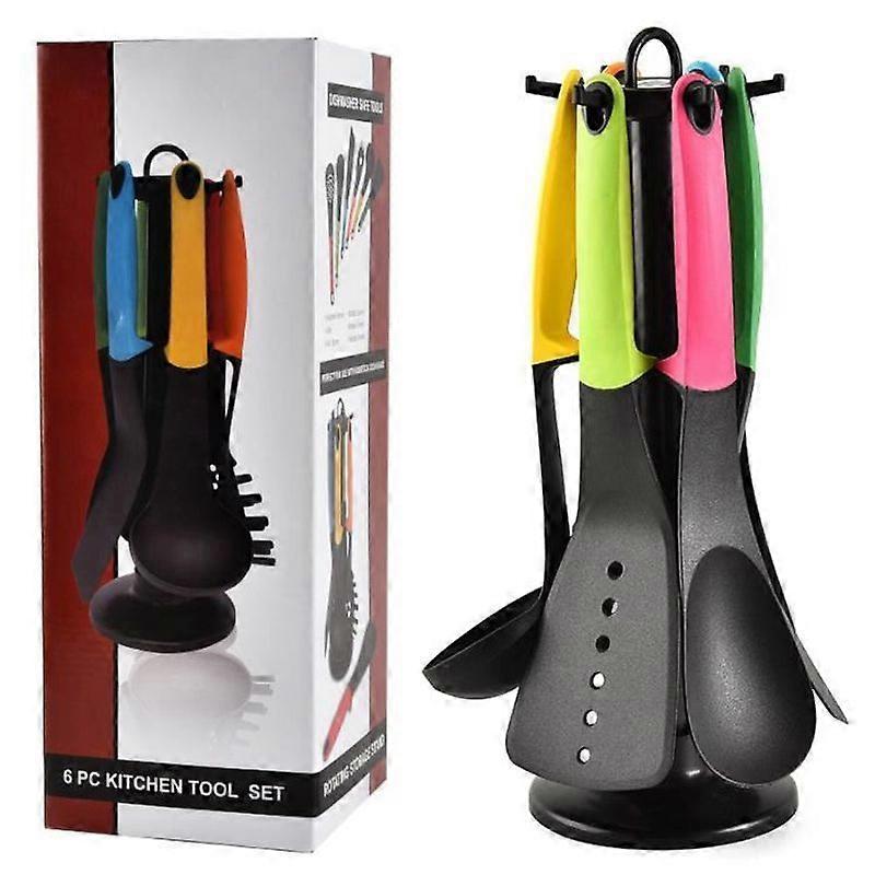 Non-Stick Nylon Kitchen Utensils - Set of 6 with Rotating Cutlery Holder